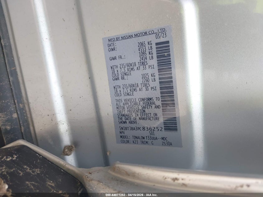 2023 Nissan Rogue Sv Fwd VIN: 5N1BT3BA3PC836252 Lot: 44877253