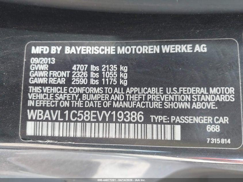 2014 BMW X1 xDrive28I VIN: WBAVL1C58EVY19386 Lot: 44877281