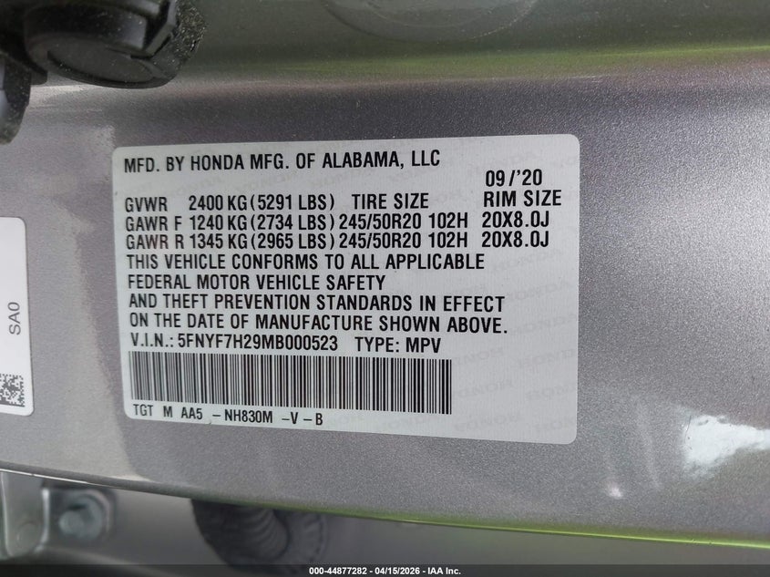 2021 Honda Passport 2Wd Sport VIN: 5FNYF7H29MB000523 Lot: 44877282