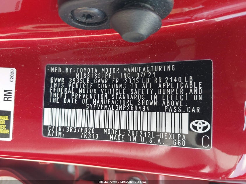 2021 Toyota Corolla Le VIN: 5YFVPMAE3MP269494 Lot: 44877297