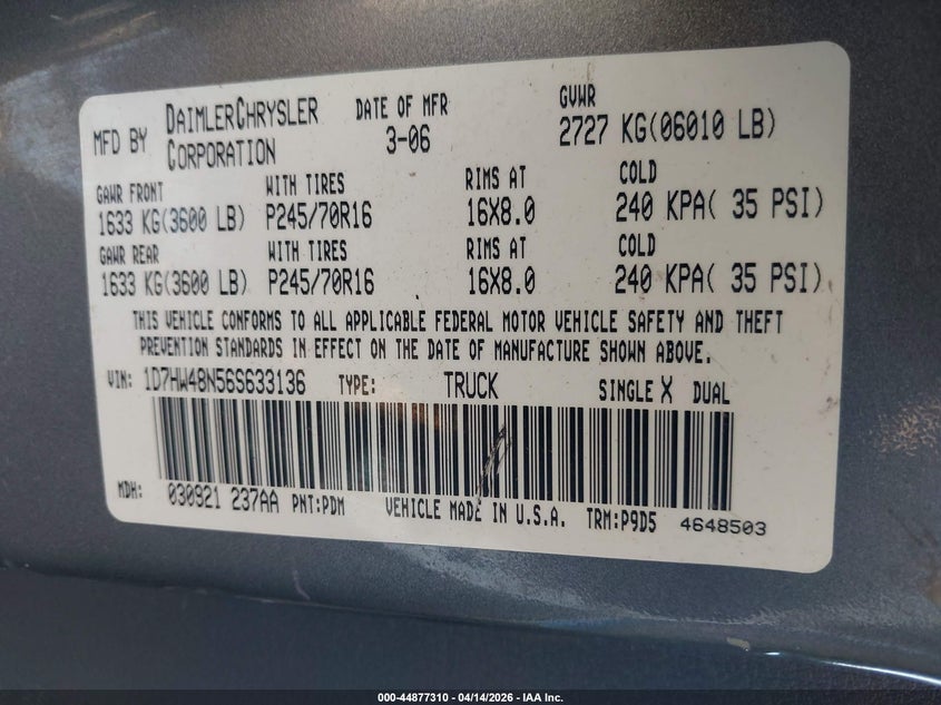 2006 Dodge Dakota Slt VIN: 1D7HW48N56S633136 Lot: 44877310