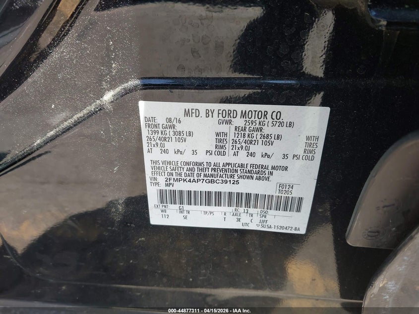 2016 Ford Edge Sport VIN: 2FMPK4AP7GBC39125 Lot: 44877311