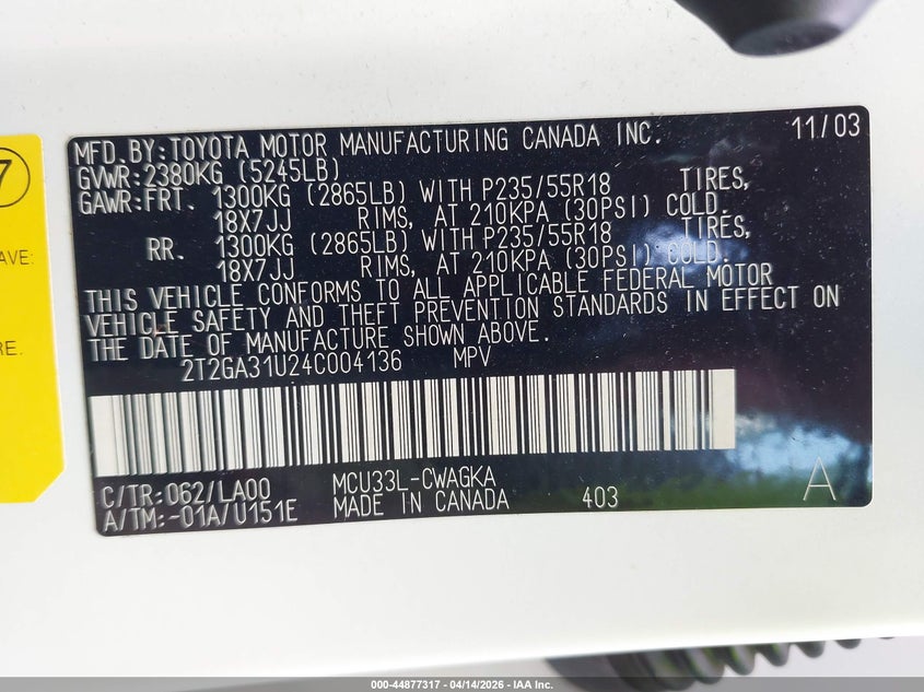 2004 Lexus Rx 330 VIN: 2T2GA31U24C004136 Lot: 44877317