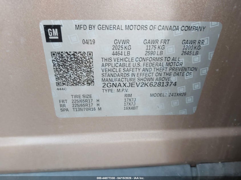 2019 Chevrolet Equinox Lt VIN: 2GNAXJEV2K6281374 Lot: 44877338