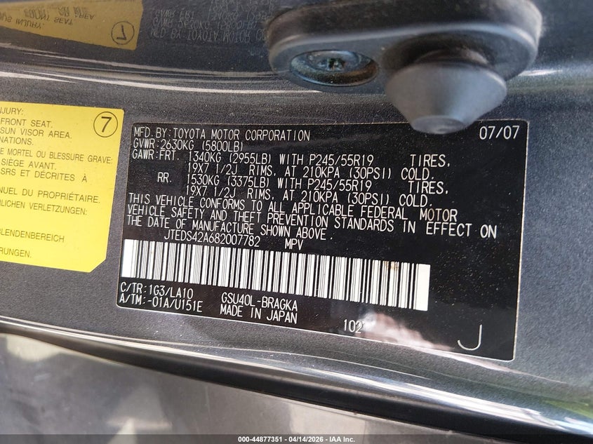 2008 Toyota Highlander Limited VIN: JTEDS42A682007782 Lot: 44877351