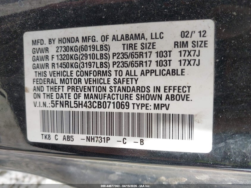 2012 Honda Odyssey Ex VIN: 5FNRL5H43CB071069 Lot: 44877363