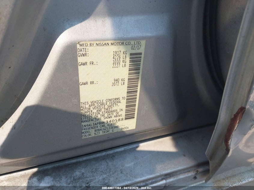 2017 Nissan Altima 2.5 S VIN: 1N4AL3AP8HN340588 Lot: 44877364