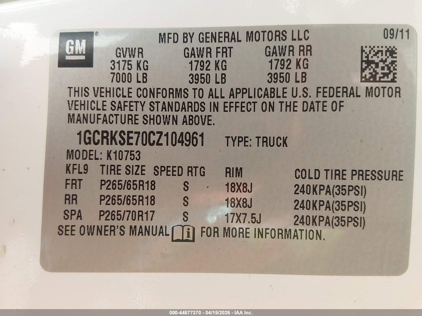 2012 Chevrolet Silverado 1500 Lt VIN: 1GCRKSE70CZ104961 Lot: 44877370