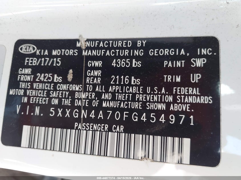 2015 Kia Optima Ex VIN: 5XXGN4A70FG454971 Lot: 44877374