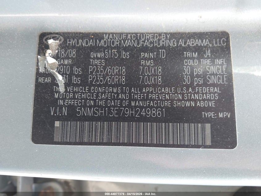 2009 Hyundai Santa Fe Se VIN: 5NMSH13E79H249861 Lot: 44877376