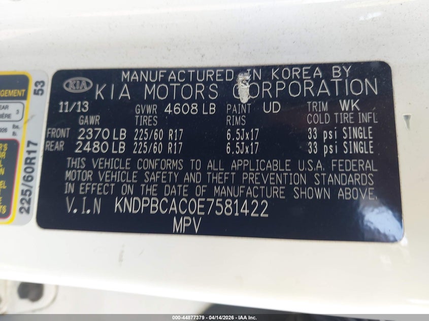 2014 Kia Sportage Lx VIN: KNDPBCACOE7581422 Lot: 44877379