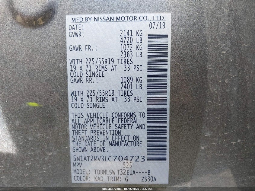 2020 Nissan Rogue Sl Intelligent Awd VIN: 5N1AT2MV3LC704723 Lot: 44877388