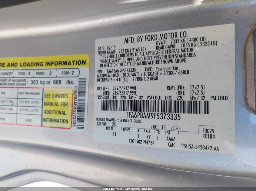 2015 Ford Mustang V6 VIN: 1FA6P8AM9F5373335 Lot: 44877398