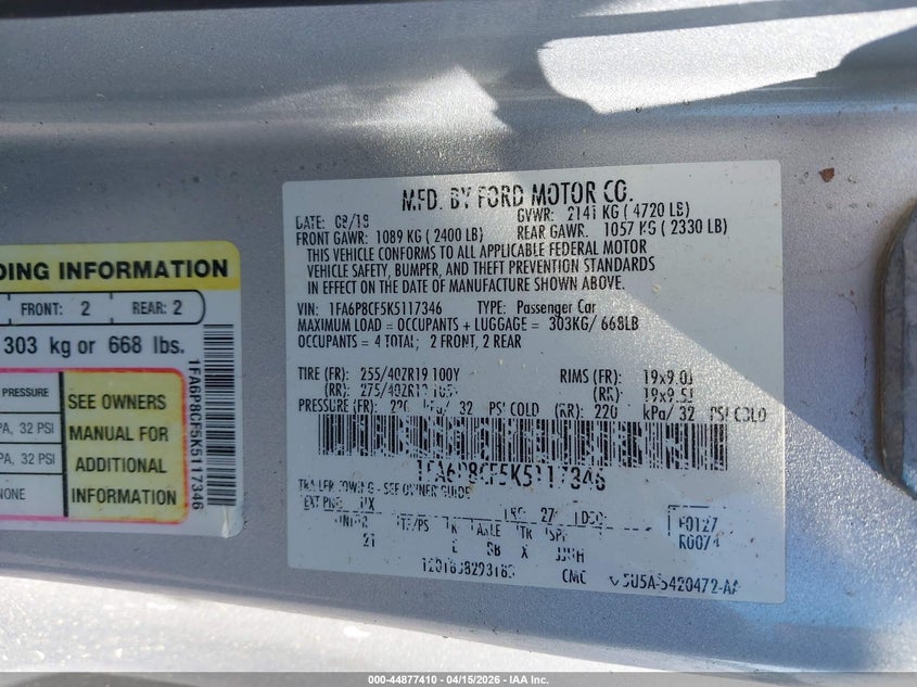 2019 Ford Mustang Gt VIN: 1FA6P8CF5K5117346 Lot: 44877410