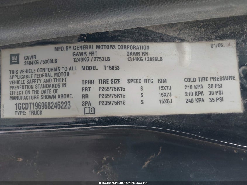 2006 Chevrolet Colorado Lt VIN: 1GCDT196968246223 Lot: 44877441