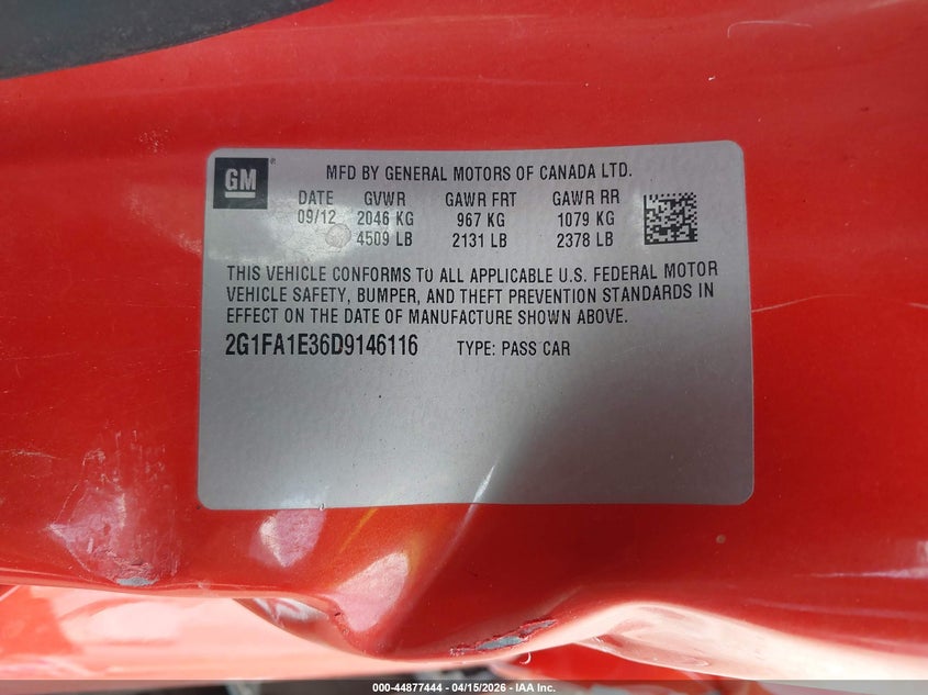 2013 Chevrolet Camaro 2Ls VIN: 2G1FA1E36D9146116 Lot: 44877444