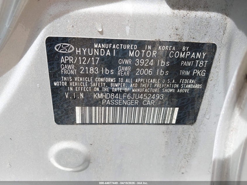 2018 Hyundai Elantra Limited VIN: KMHD84LF6JU452493 Lot: 44877449