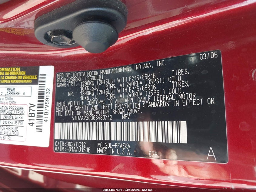 2006 Toyota Sienna Le VIN: 5TDZA23C36S480742 Lot: 44877451