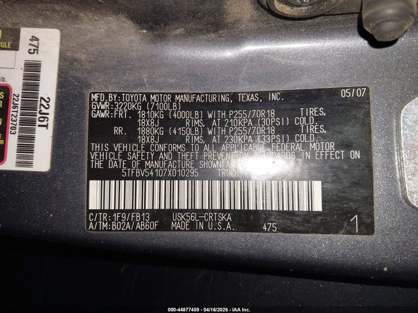 2007 Toyota Tundra Sr5 5.7L V8 VIN: 5TFBV54107X010295 Lot: 44877459