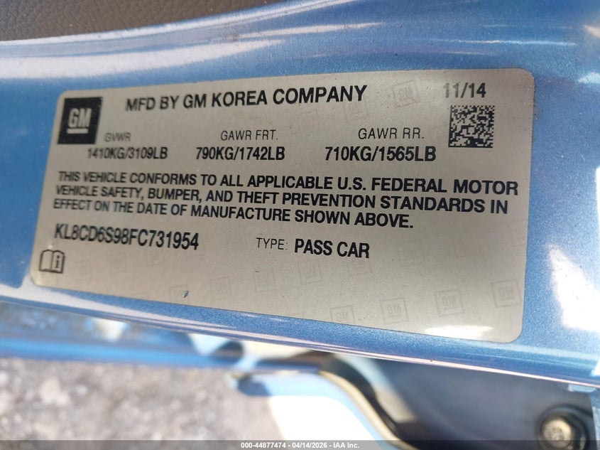 2015 Chevrolet Spark 1Lt Cvt VIN: KL8CD6S98FC731954 Lot: 44877474