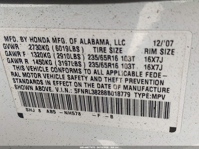 2008 Honda Odyssey Lx VIN: 5FNRL38288B018779 Lot: 44877475