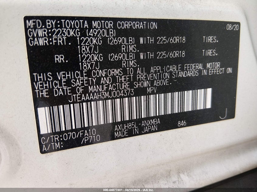 2021 Toyota Venza Le VIN: JTEAAAAH3MJ004373 Lot: 44877481