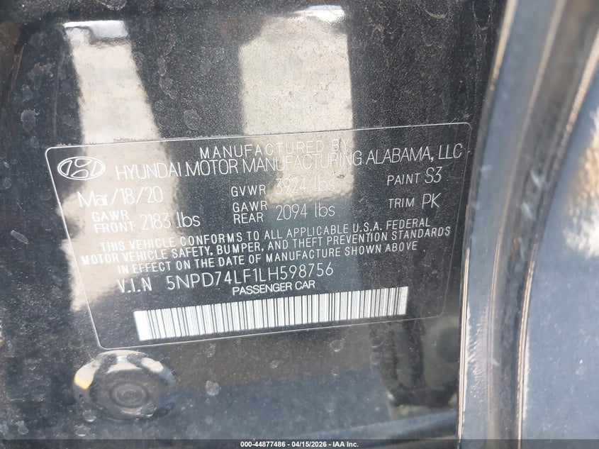 VIN 5NPD74LF1LH598756 2020 HYUNDAI ELANTRA SE