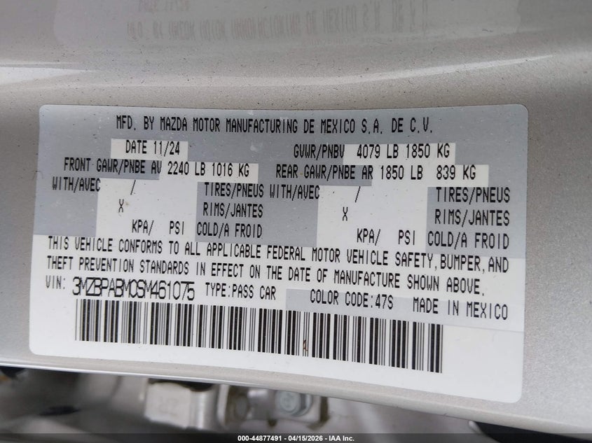2025 Mazda Mazda3 2.5 S Select Sport VIN: 3MZBPABM0SM461075 Lot: 44877491