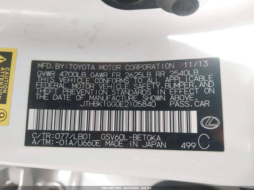 2014 Lexus Es 350 VIN: JTHBK1GG0E2105840 Lot: 44877492