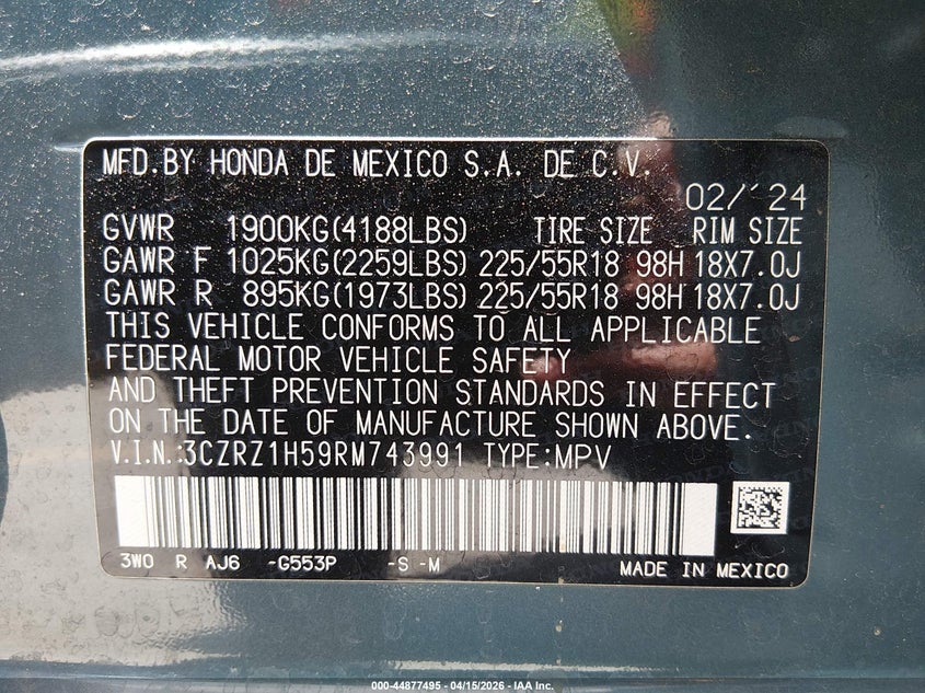 2024 Honda Hr-V 2Wd Sport/2Wd Sport W/O Bsi VIN: 3CZRZ1H59RM743991 Lot: 44877495