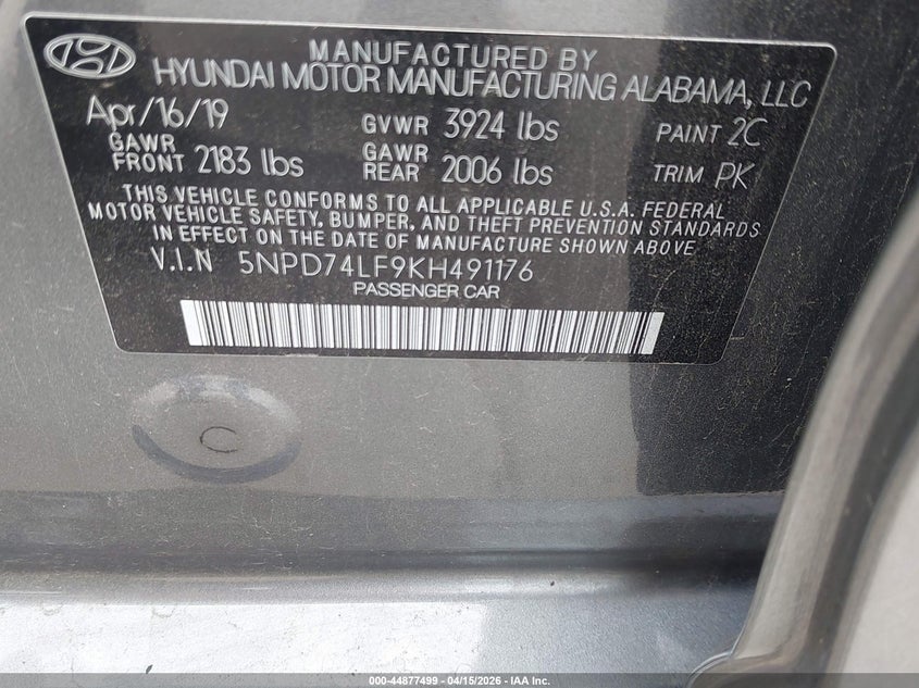 2019 Hyundai Elantra Se VIN: 5NPD74LF9KH491176 Lot: 44877499