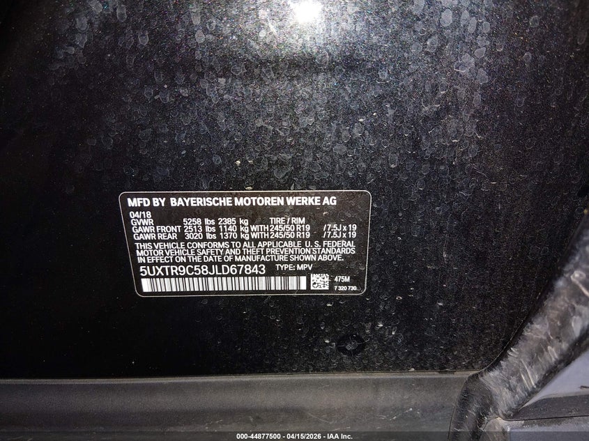 2018 BMW X3 xDrive30I VIN: 5UXTR9C58JLD67843 Lot: 44877500