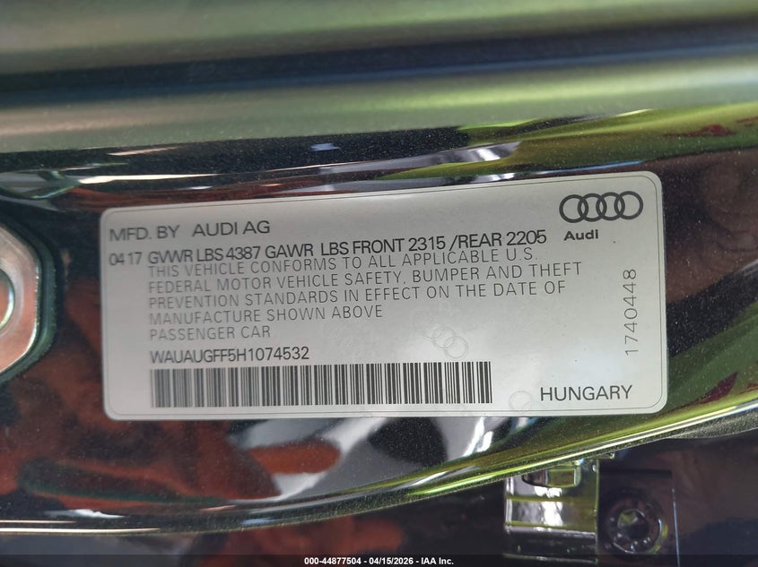 2017 Audi A3 2.0T Premium VIN: WAUAUGFF5H1074532 Lot: 44877504