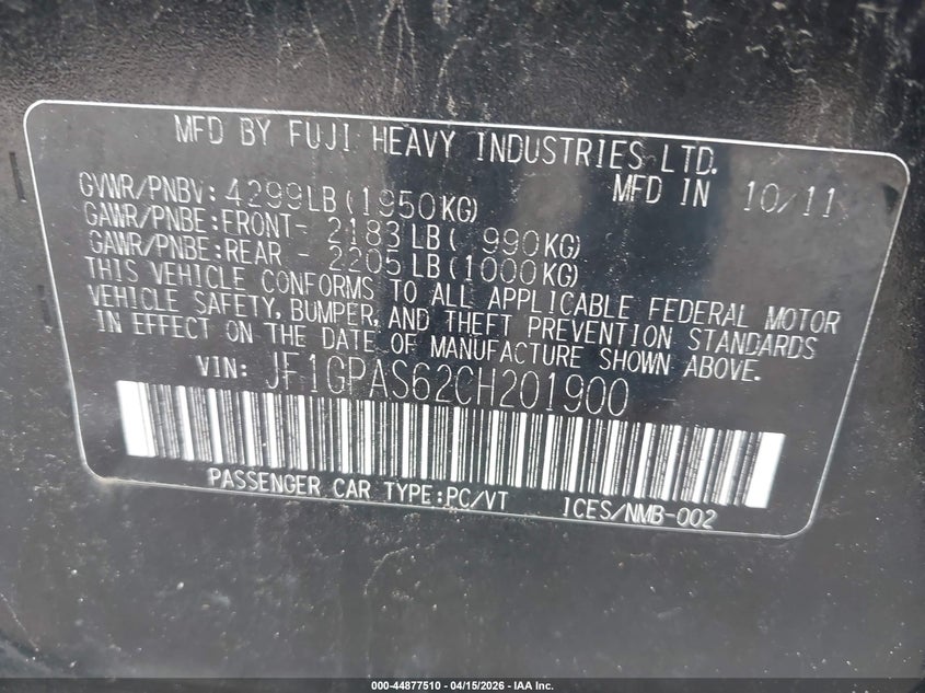 2012 Subaru Impreza 2.0I Sport Limited VIN: JF1GPAS62CH201900 Lot: 44877510