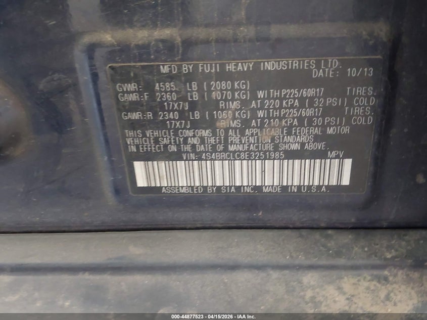 2014 Subaru Outback 2.5I Limited VIN: 4S4BRCLC8E3251985 Lot: 44877523