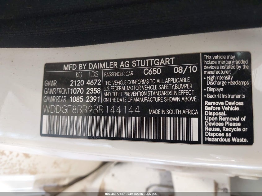 2011 Mercedes-Benz C 300 Luxury 4Matic/Sport 4Matic VIN: WDDGF8BB9BR144144 Lot: 44877527
