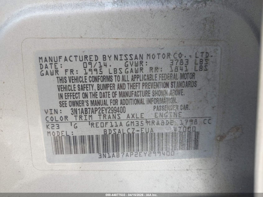 2014 Nissan Sentra Fe+ S VIN: 3N1AB7AP2EY299400 Lot: 44877533