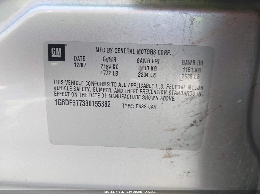 2008 Cadillac Cts Standard VIN: 1G6DF577380155382 Lot: 44877535