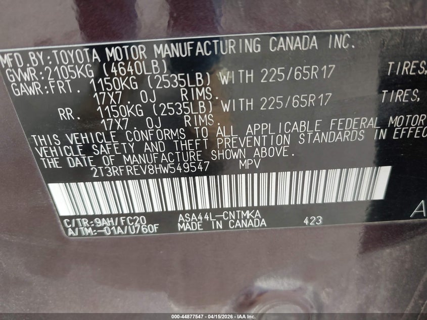 2017 Toyota Rav4 Xle VIN: 2T3RFREV8HW549547 Lot: 44877547