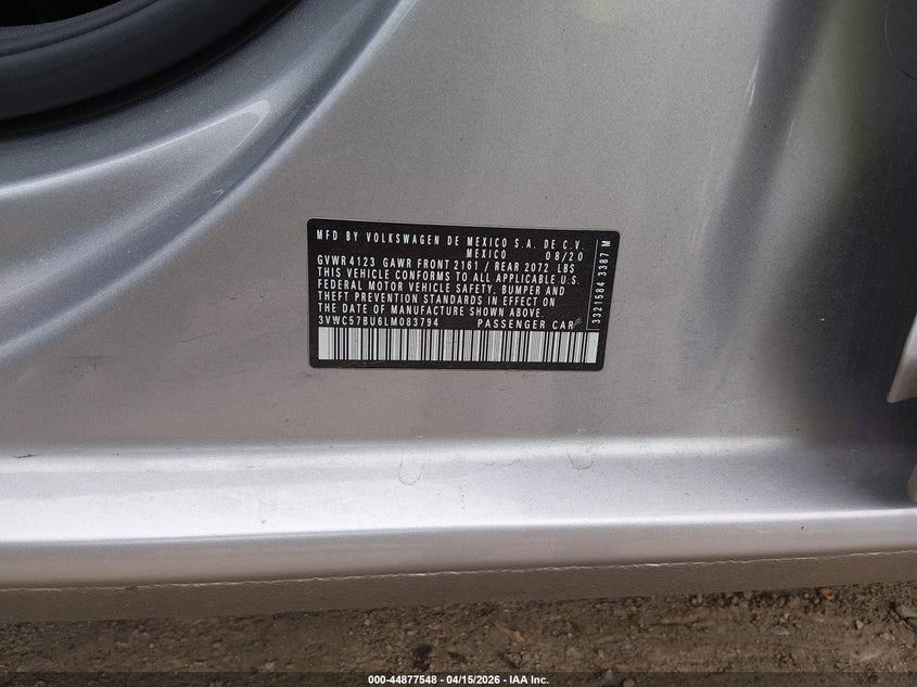 2020 Volkswagen Jetta 1.4T R-Line/1.4T S/1.4T Se VIN: 3VWC57BU6LM083794 Lot: 44877548