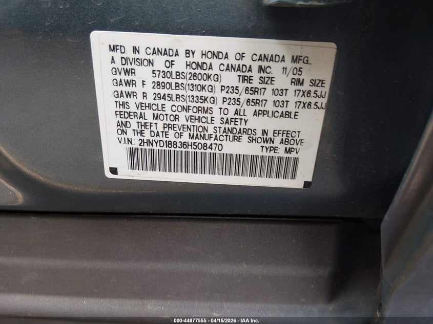 2006 Acura Mdx VIN: 2HNYD18836H508470 Lot: 44877555