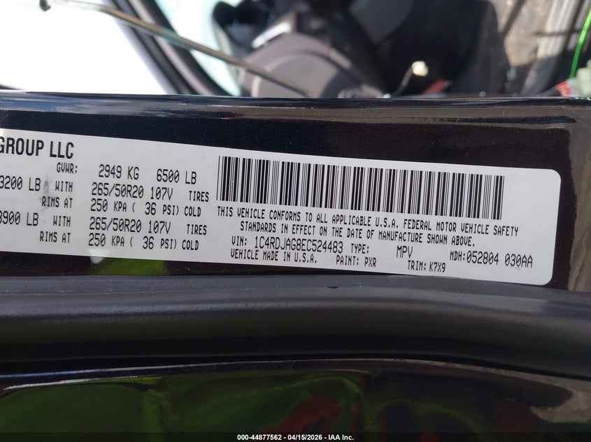 2014 Dodge Durango Sxt VIN: 1C4RDJAG8EC524483 Lot: 44877562