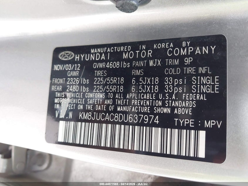 2013 Hyundai Tucson Limited VIN: KM8JUCAC8DU637974 Lot: 44877565