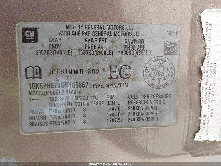2012 GMC Yukon Xl 1500 Sle VIN: 1GKS2HE74CR105667 Lot: 44877569