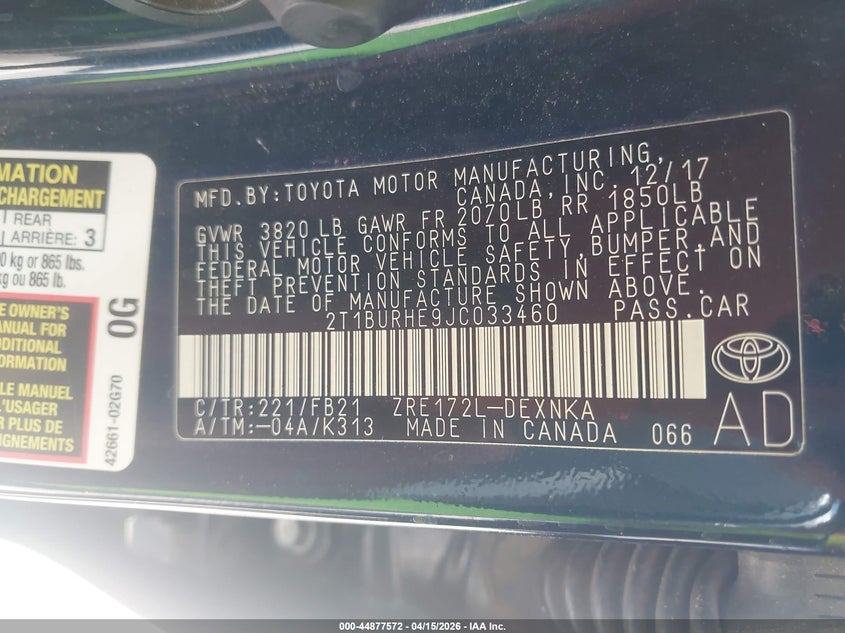 2018 Toyota Corolla Le VIN: 2T1BURHE9JC033460 Lot: 44877572