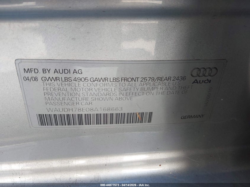 2008 Audi A4 3.2 VIN: WAUDH78E08A168663 Lot: 44877573