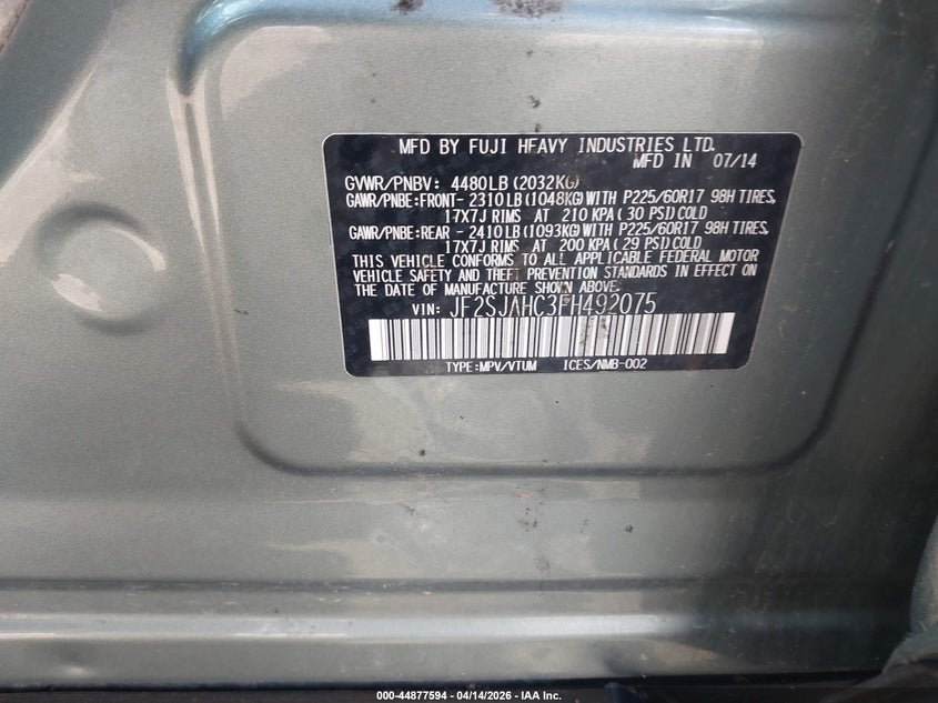2015 Subaru Forester 2.5I Limited VIN: JF2SJAHC3FH492075 Lot: 44877594