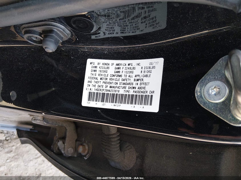 2017 Honda Accord Lx VIN: 1HGCR2F39HA233916 Lot: 44877599
