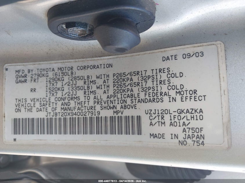 2004 Lexus Gx 470 VIN: JTJBT20X940027919 Lot: 44877613