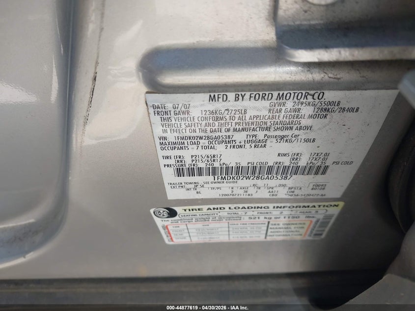 2008 Ford Taurus X Sel VIN: 1FMDK02W28GA05387 Lot: 44877619